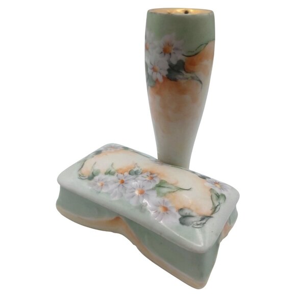 Rare Bavarian Porcelain Hat Pin Holder With Attached Trinket Dish Green & Yellow - Picture 11 of 14